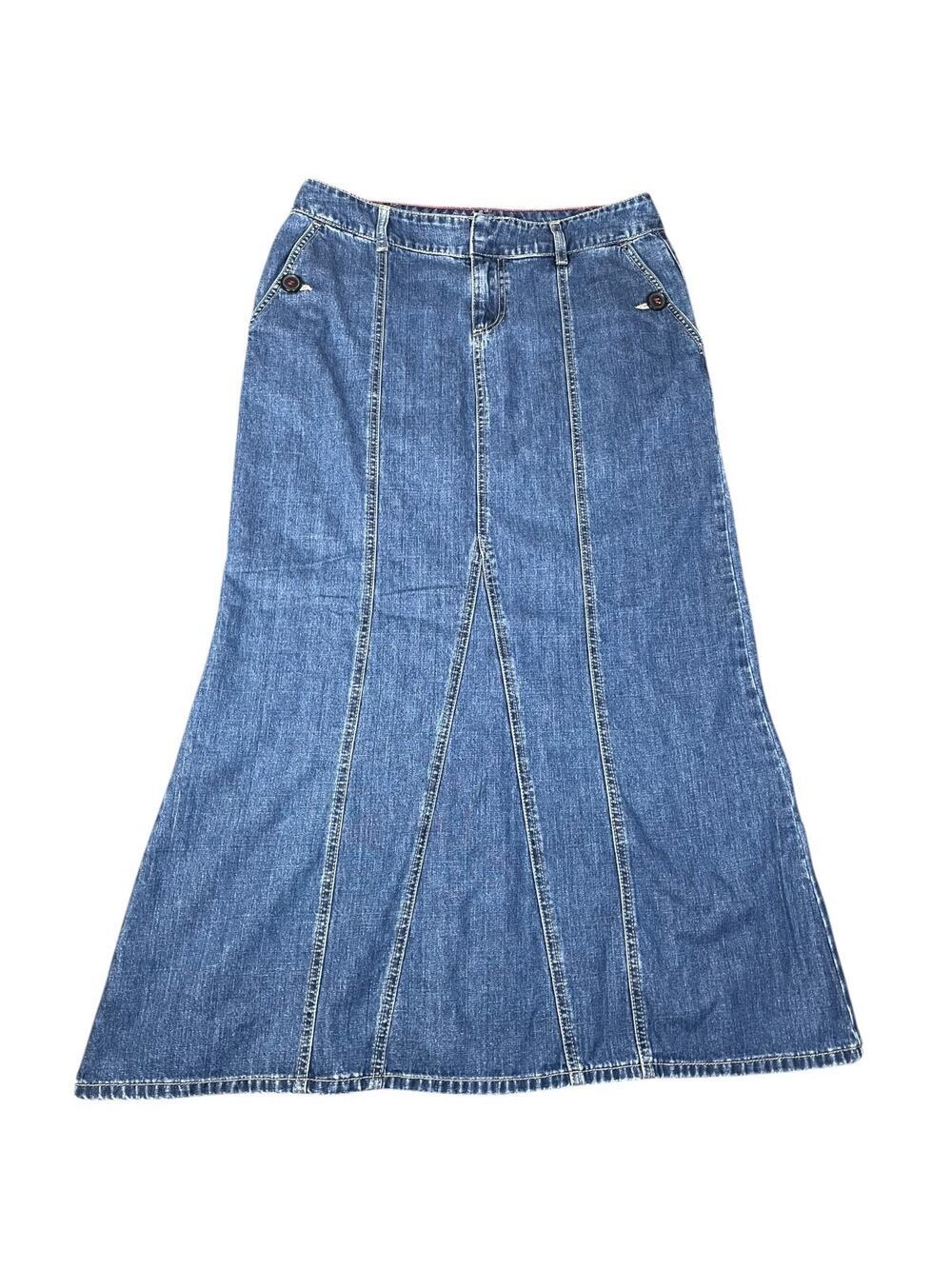 Vintage Tommy Hilfiger Women’s Y2K Denim Twirl Paneled Maxi Skirt Size-10
